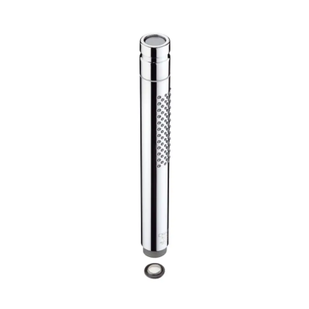 Chromfarbener Duschkopf mit glänzender Oberfläche und strukturierter Seite. Hersteller ist Hansgrohe. Ein Dichtungsring liegt neben dem Produkt.